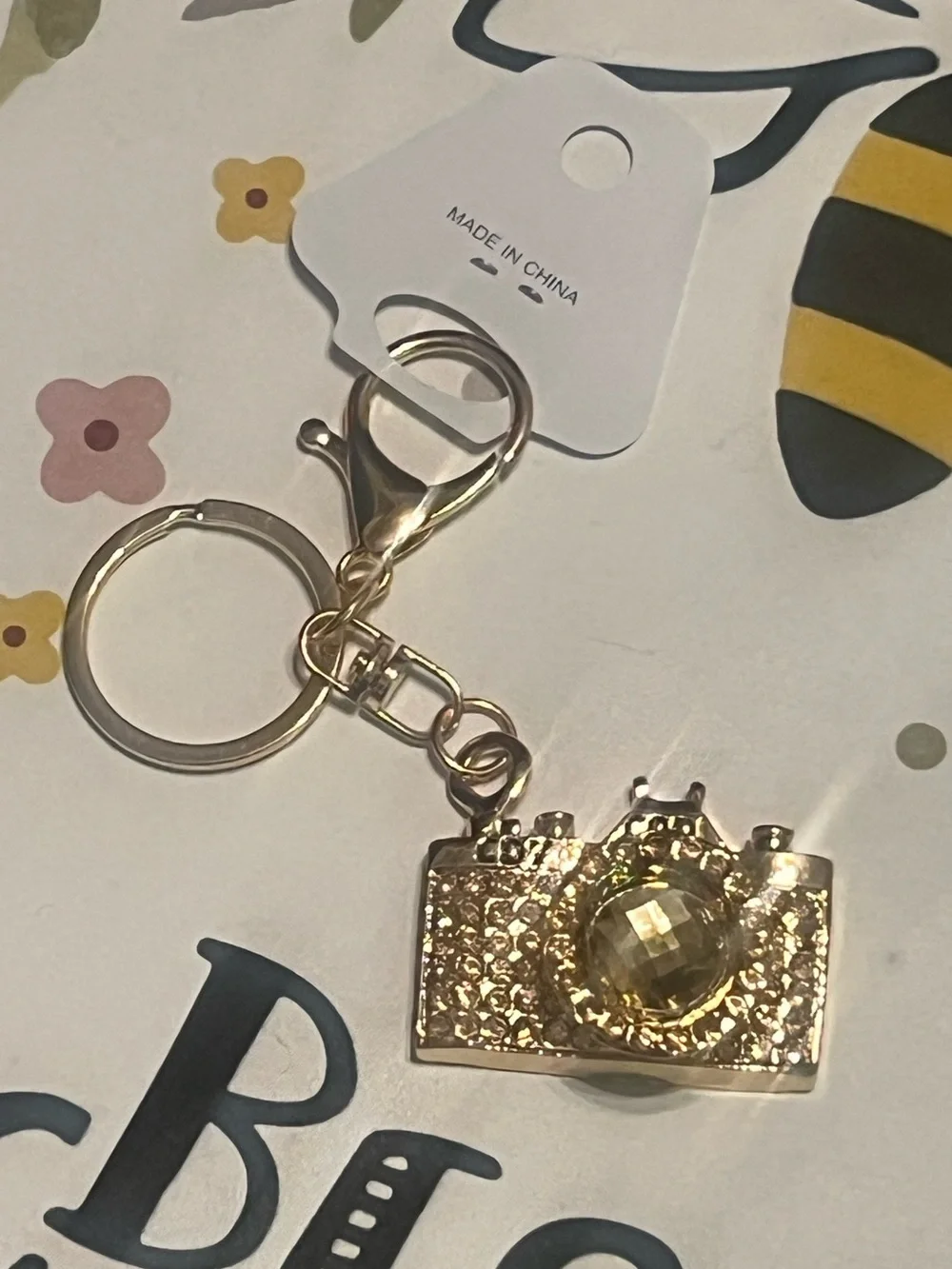Gold Crystal Camera Keychain Holder or charm Charm
